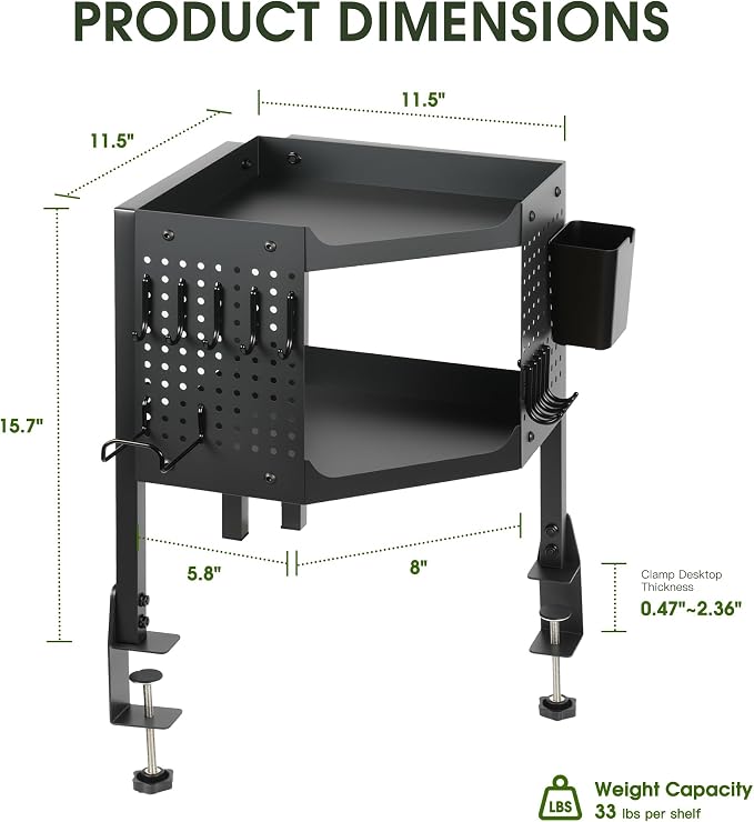 2-Tier Metal Clamp On Desk Shelf, Heavy Duty Desk Storage Organizer with 2 Removable Pegboards and Headphone Holder,Corner Desk Shelf with Pencil Cup and Hooks for Desk Accessories (Black)