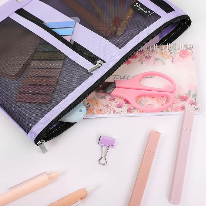 SKYDUE 3 Ring Pencil Pouch for Binder, Zipper Binder Pencil Pouch with 3 Pockets and Mesh Window, Durable Organizer for School Supplies, Cables, Earbuds, Makeup