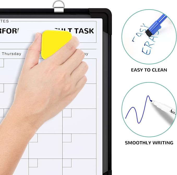 Monthly Calendar Whiteboard for Wall, 16x12 Inches Dry Erase Board, Small Magnetic White Board, Double-Sided Hanging Board for Office School Home Kitchen, Portable Board for Drawing Planning, Black