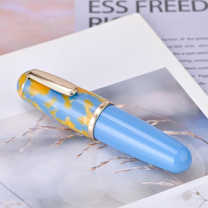 Lanxivi Majohn Q1 Fountain Pen Medium Nib Sky Blue Acrylic, Little Fat Man Eyedropper Filling Pocket Pen Large Capacity