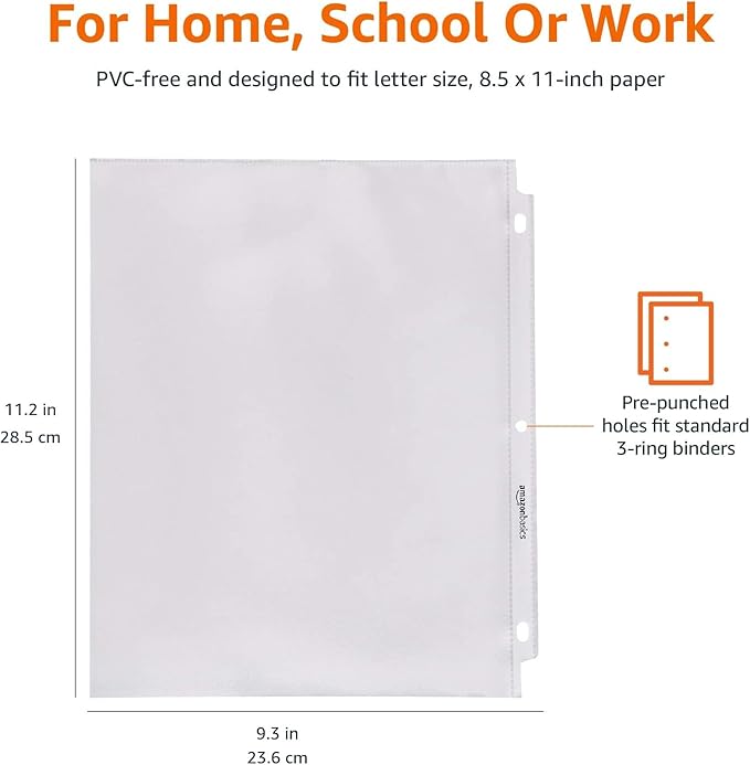 Amazon Basics Sheet Protectors for 3 Ring Binder, Lightweight, Acid-Free, Clear Plastic Sleeves, Letter Size, 8.5 x 11 Inch, 100-Pack