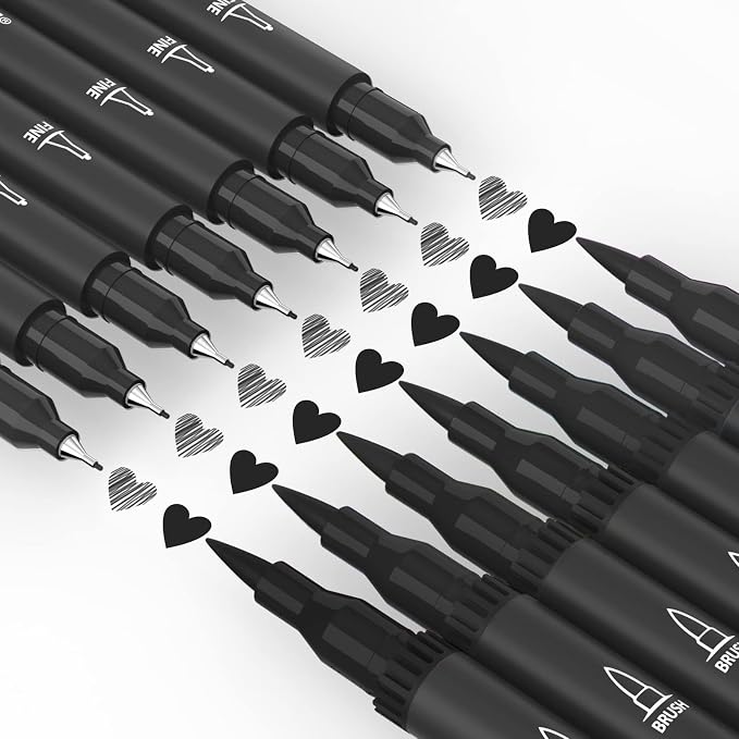 Drawing Pens, 12 Pack Dual Brush Pens Black Markers for Art Drawing Sketching