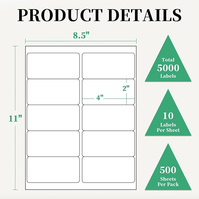 5000 Labels 10-Up 2" x 4'' Shipping Address Barcode Labels for Laser & Inkjet Printers, 500 Sheets, White, Permanent Adhesive, BIAlabel