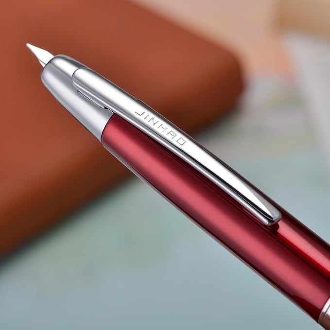Jinhao 10 Press Fountain Pen with Box, Rose Red Retractable Medium Nib with Ink Converter Set (Silver Clip)