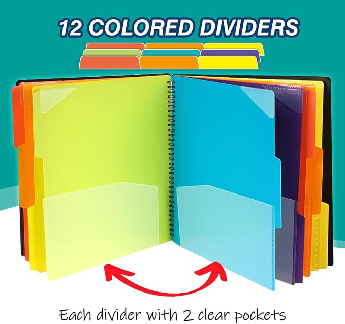 H4D 24 Pocket Poly Project Organizer, Multi Pocket Folder, Primary Colors | Spiral, Multi-Subject, Folder Notebook, Letter Size