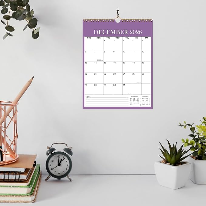 Wall Calendar 2026-2027 - Monthly Calendar 2026-2027 from July 2026 - December 2026, Spiral Binding Hanging Calendar 2026-27 for Home/Office, 12" x 14.5", Purple