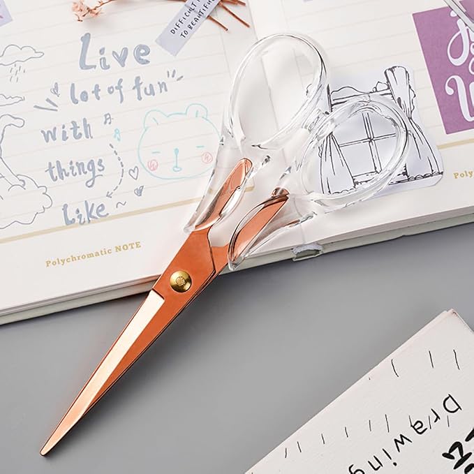 Aesthetic Clear Acrylic Scissors, 6.3" Craft Shears with Rose-gold Sharp Stainless Steel Blades for Home Office & School, Cute Stationery Tools for Bullet Journaling, Scrapbooking & Gift Wrapping