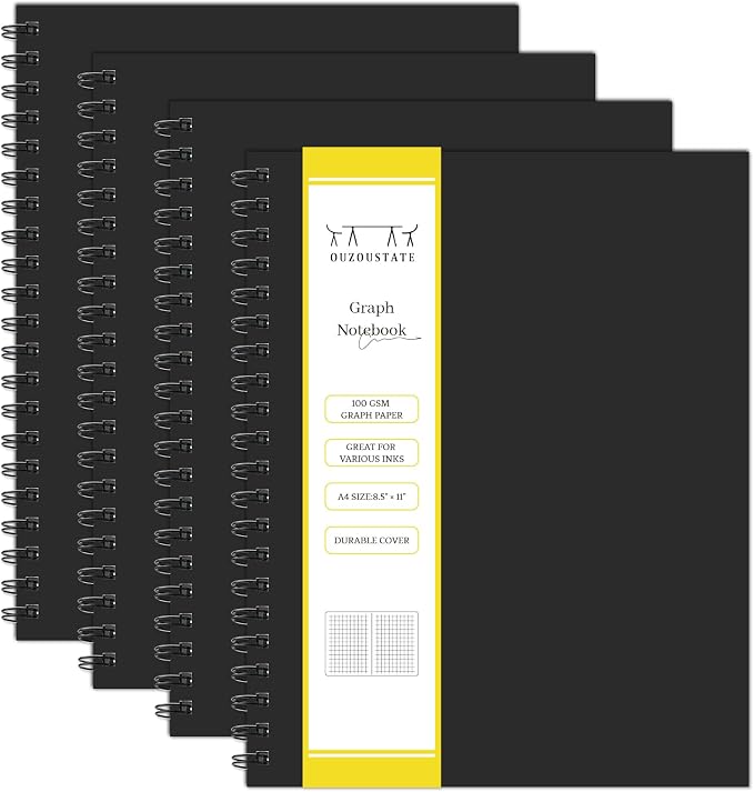 Graph Paper Spiral Notebook-A4 Grid Journal 8.5" x 11" - 4 Pack 160 Pages 100GSM Thick Paper Large Hardcover Notebooks for Note Taking Engineering Graphing Work School Supplies,Black