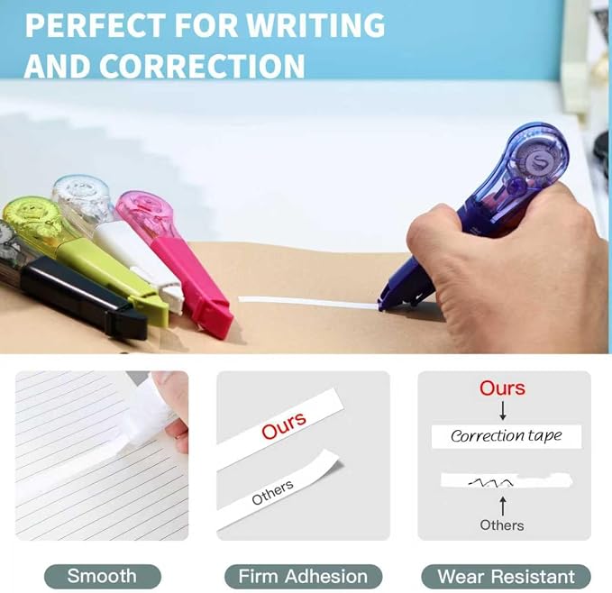 Correction Tape Pen, 10-Count Pack, 19.69ft Each, Dry Instantly, Stretch Resistant, not Easy to Break, as Smooth as Writing, Perfect for School, Office Supplies, Black White Red Yellow Blue