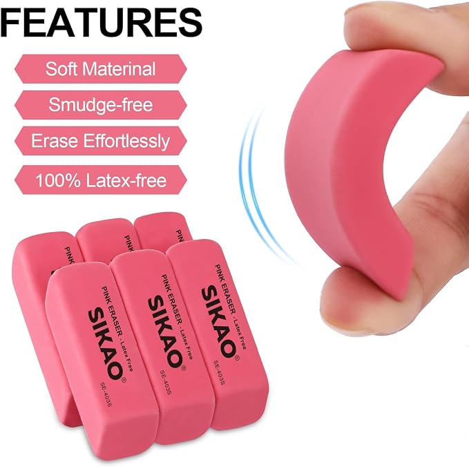 Pink Erasers, 6 Pack Pencil Erasers | Latex-Free & Smudge-Free Beveled Rubber Erasers for School Supplies, Classroom, Art & Homework