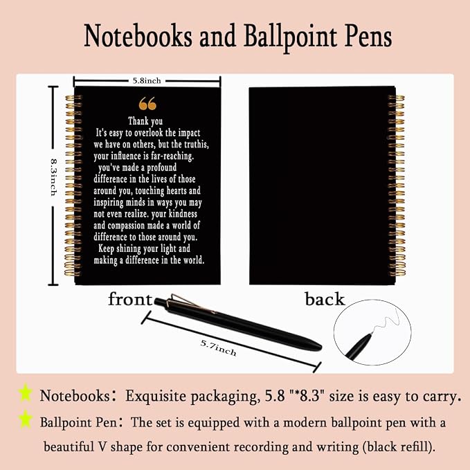 Thank You Gifts for Mentor Leader - Inspirational A5 Spiral Notebook & Pen Set, Appreciation Gift for Coworker Leaving, Teacher Retirement Journal, 80 Sheets College Ruled, Black & Gold