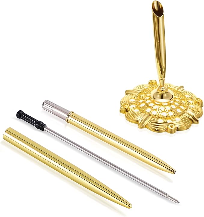 Hollow Round Pen Holder Signing Pen Set for Wedding Bridal Engagement Valentine's Day Favors,Golden