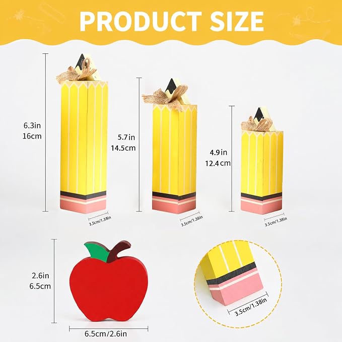 Fangoo 4Pcs Back to School Table Decorations Wooden Pencil Block Stack Sign Red Apple Table Centerpieces First Day of School Tiered Tray Gifts Decor for Home Classroom Teacher Desk Shelf Mantel