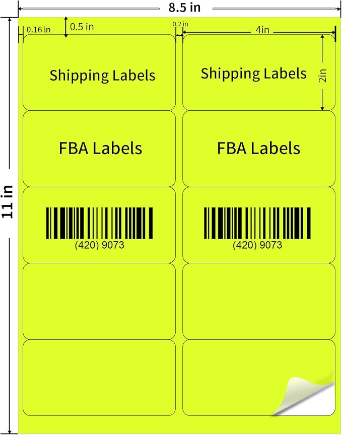 Shipping Labels Stickers, 2"×4" Printable Mailing Label for Laser/Inkjet Printing- Matte, Permanent Adhesive Labels Stickers (Fluorescent Yellow)