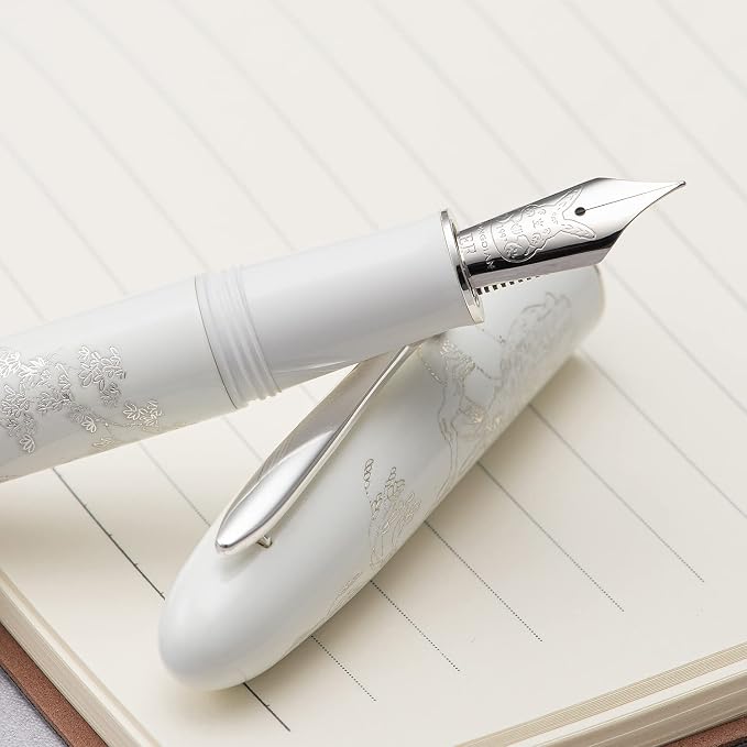 HONG DIAN Hongdian N23 White Rabbit Fountain Pen, Iridium Extra Fine Nib Silver Trim, New Year Lucky Rabbit Carving Design, Smooth Writing Pen with Converter and Metal Pen Box Set