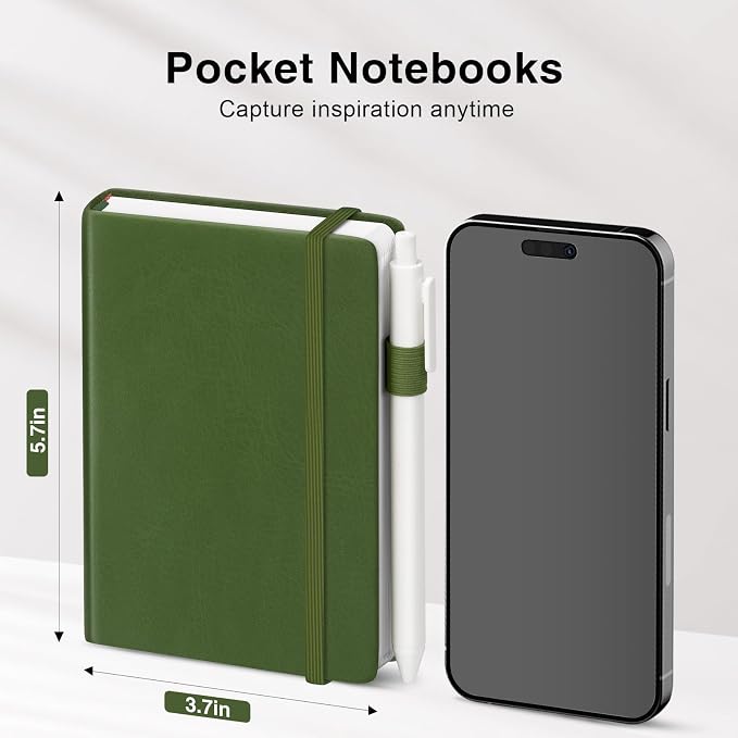 Pocket Small Notebook Journals, 8 Pack ( Forest Green) Mini Notebook 3.7x5.7 Journaling Notebooks for Women Men, Hardcover Lined Note Pads with Pens for Work, Business, Travel Journal, Office Supplies