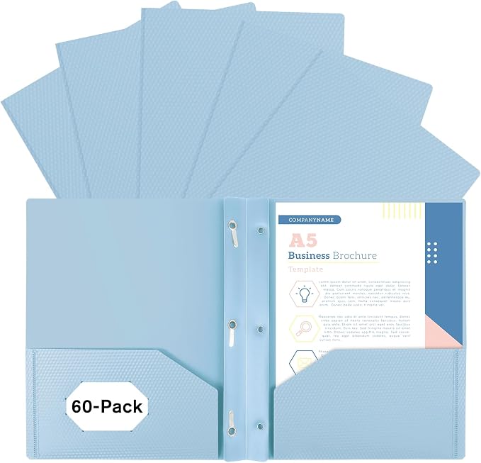 Plastic andPockets and Prongs,2-Pocket and3 Fasteners, Pastel Folders Holds 8-1/2" x 11" Paper for School/Office/Home, 60 Packs