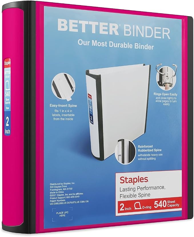 Staples Better Binder 2-Inch D-Ring View Binder, Reinforced Spine, Holds Up to 450 Sheets, Pink, for Office & School
