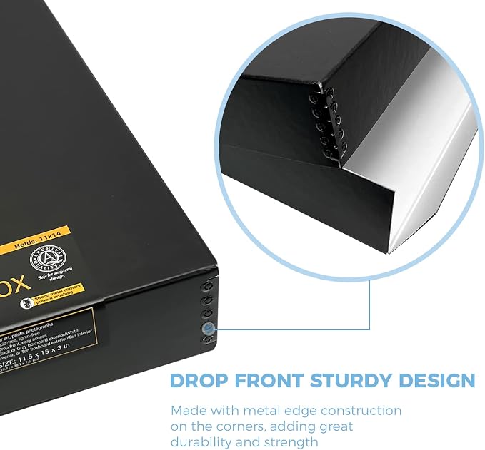 Lineco 11x14 Black Museum Archival Storage Box, Drop Front, 11.75x15x3 in. | Acid-Free with Metal Edge. Preserves Picture Longevity, Organize Photos or Documents, Crafts, DIY.