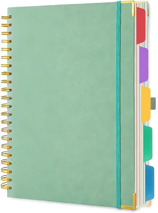 VANRTTO 5 Subjects Hardcover Spiral Notebook College Ruled Lined B5 Green | Hardcover 8.0x10 IN Spiral Notebook With Removable Tab Dividers, 110 GSM Paper Notebooks for Work, 300 Pages B5 Notebooks