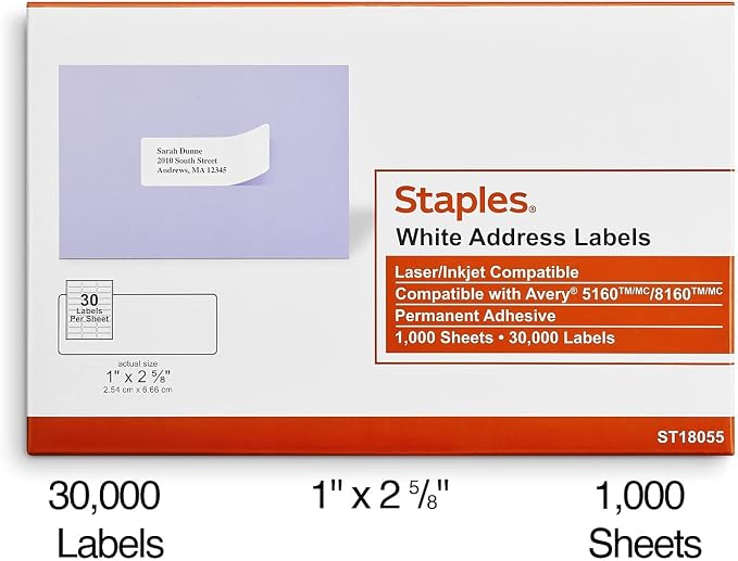 Staples Address Labels, 1" x 2‑5/8", White, Laser/Inkjet Compatible, Easy‑Peel, Permanent Adhesive, 30 Labels/Sheet, Bulk 60,000/Carton