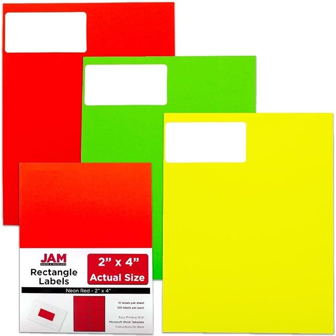 JAM PAPER Shipping Address Labels - Standard Mailing - 2 x 4 - Assorted Bright Neon Fluorescent - 6 Packs of 20 Labels - 120 Labels Total