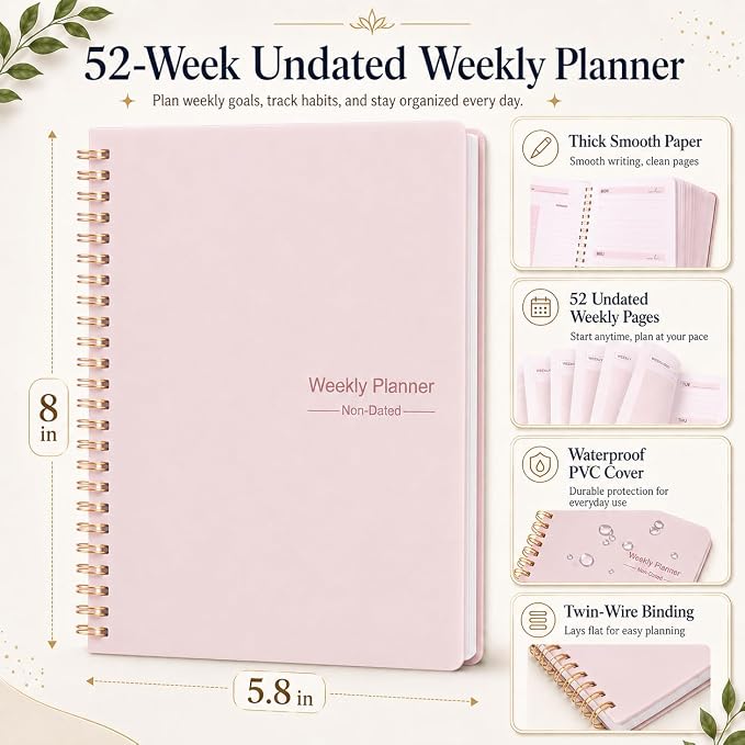 TREES Undated Weekly Planner, Weekly To-Do List, Goal and Habit Tracker | 5.8" x 8" Spiral-Bound Organizer for Weekly Goals, Tasks and Habits, Designed for Work, School and Everyday Planning