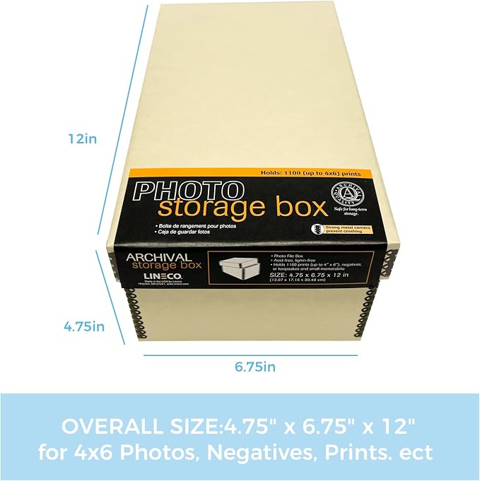 Lineco Archival Photo Card Box, Museum-Quality Storage, 4x6x12 Inch, Tan | Acid-Free with Removable Lid, Metal-Edge Corner, Bulk Storage and Preservation for Negatives, Prints, Films, Photos, Snapshot