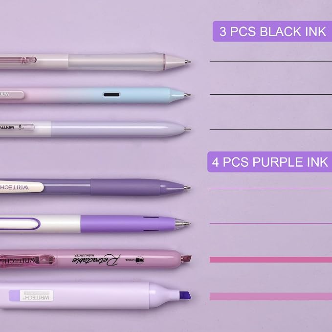 WRITECH Gel Pens Journaling Highlighters: Journal Set Aesthetic Assorted Pastel Color Ink 0.5mm Fine Point Retractable 0.7mm Black Pen Smooth Writing Drawing No Bleed 7ct (Purple)