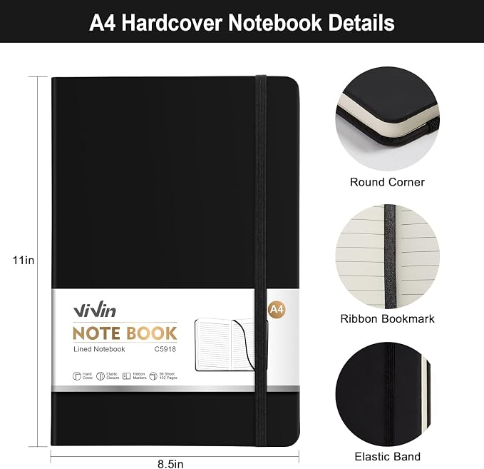 ViVin A4 College Ruled Notebook for Work, 8.5" x 11" Leather Hardcover Journal,192 Pages Professional Lined Notebook for Office & Business