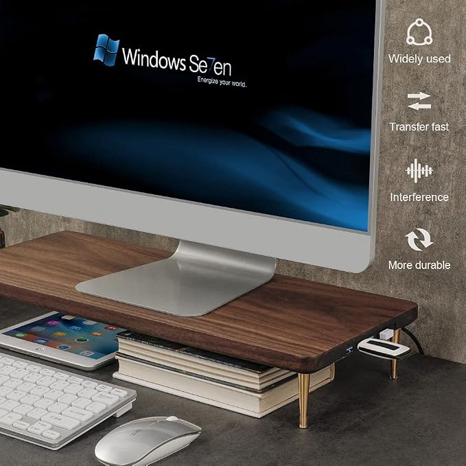 Monitor Stand with 4 USB Ports Walnut Wood Riser for iMac Laptop Computer Monitor – A Sturdy Computer Stand to Elevate Your Screen and Reduce Eye Strain and Maintain Body Position