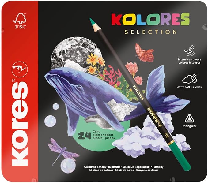 Kores - Kolores Selection: 24 Coloured Pencils for Adults & Artists, FSC wood with Soft Lead, Triangular Shape, Premium Arts and Hobby Supplies, Set of 24 Assorted Colours in metal case