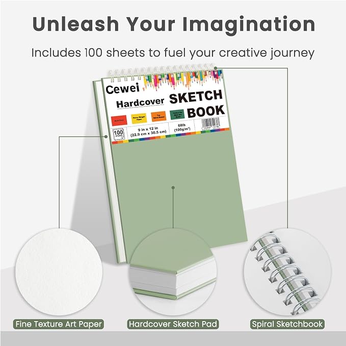 Cewei 9x12 Drawing Paper Pad, 100 Sheets, Spiral Bound Sketchbook, 68lb/100gsm White Drawing Paper for Kids Ages 4-8 & 9-12