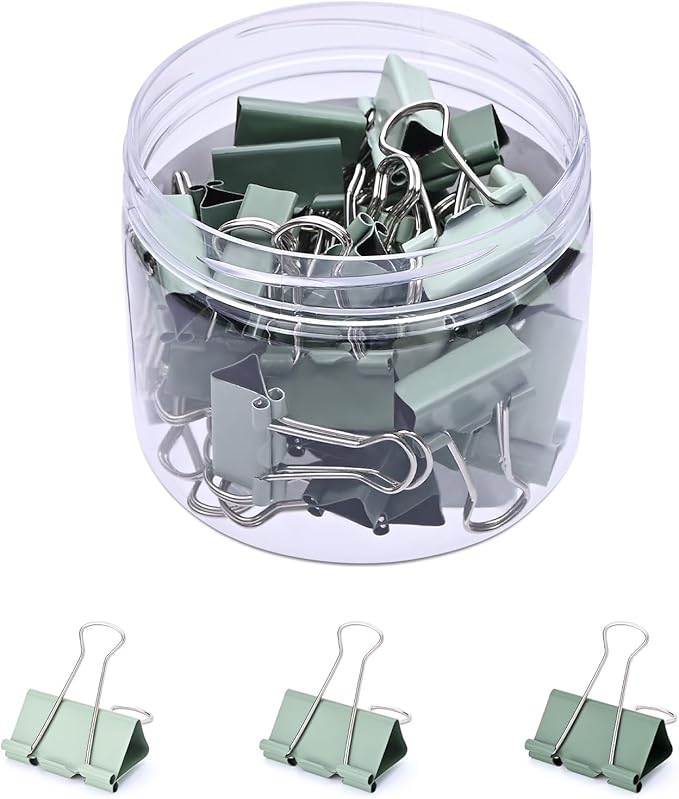 Temiary Aesthetic Binder Clips, Small Metal Binder Clip with Clear Storage Container, Binding Paperwork Clamps for School Teachers Office Supplies (Green 0.75 Inch, 40P)