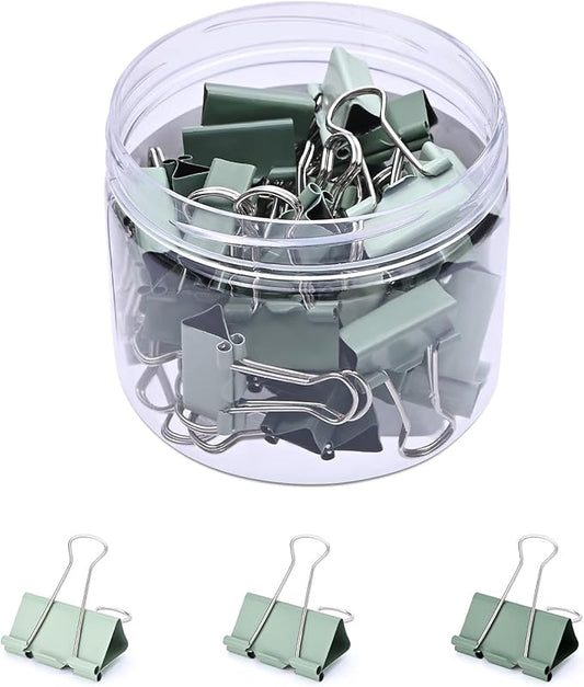 Temiary Aesthetic Binder Clips, Small Metal Binder Clip with Clear Storage Container, Binding Paperwork Clamps for School Teachers Office Supplies (Green 0.75 Inch, 40P)