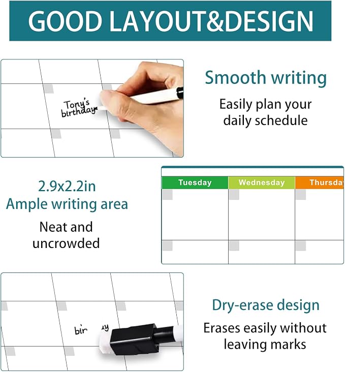 Dry Erase Calendar for Wall 24x36in Undated 3 Month Celendar with 4 Markers | Colorful Layout Reusable PET Erasable Surface, Large 3-Month View, Easy to Write and Wipe Clean
