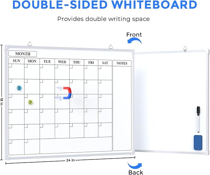 MaxGear Monthly Calendar Dry Erase Board for Wall, 24"x18", Aluminum Frame | Double-sided, magnetic surface, Includes 6 Markers & 6 Magnets, portable for Planning, Memo, to Do List, Home Office Kitchen