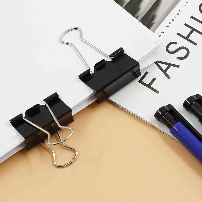 40 Pack 1-1/4" Black Binder Clips, 15mm Capacity Metal Office Clamp | Metal Paint-Plated, 32mm Wide 15mm Capacity, For Paper Document Photo Album School Office Home