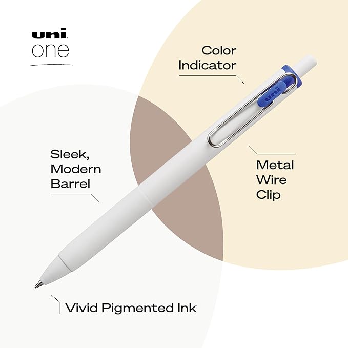 uniball™ one Retractable Gel Pens, Medium Point (0.7mm), Blue Ink, 12 Pack | Ink stays on top of paper fibers for crisp vivid lines, wire pocket clip, color indicator top, smooth barrel & rubber grip