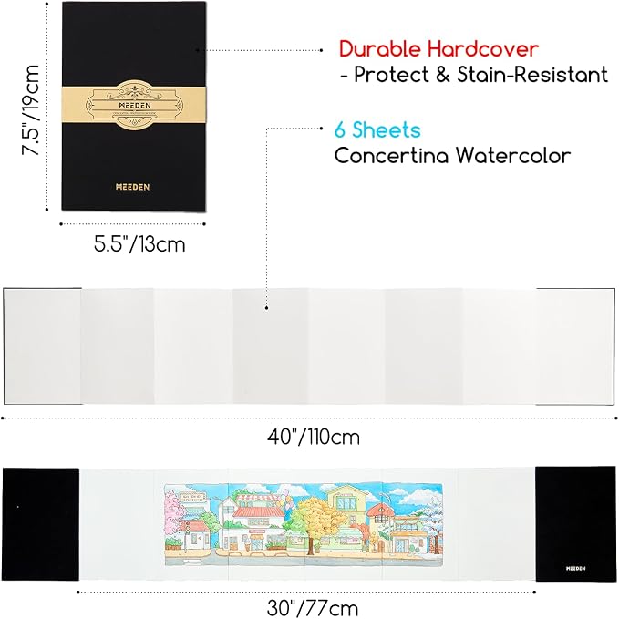 MEEDEN Portable Watercolor Paper Sketchbook: 140lb/300gsm Acid Free Concertina Sketchbook for Travel - Accordion-Fold 100% Cotton Water Color Journal Paper for Wet/Dry Techniques, Cold Press