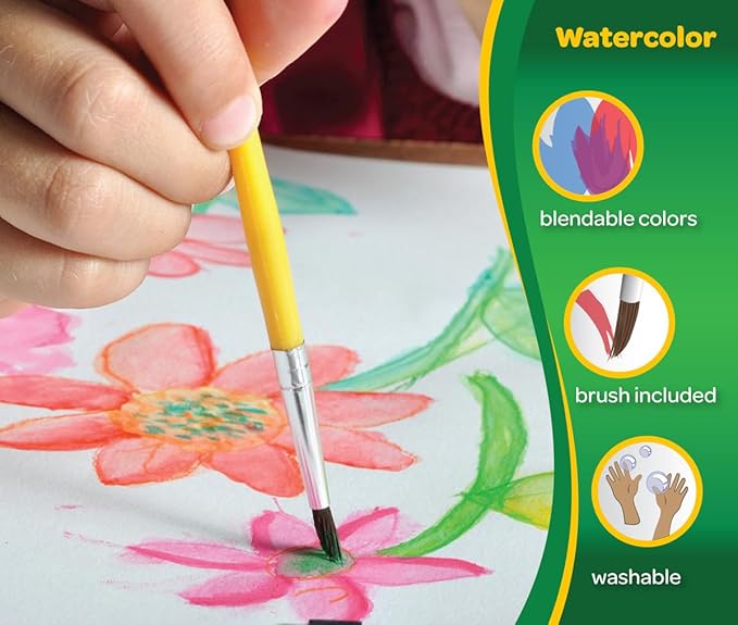Crayola Watercolor Paint Set (16 Count), School Supplies Essentials, Washable Paint for Kids, 1 Paint Brush, Arts & Crafts, Assorted Colors, Ages 4+