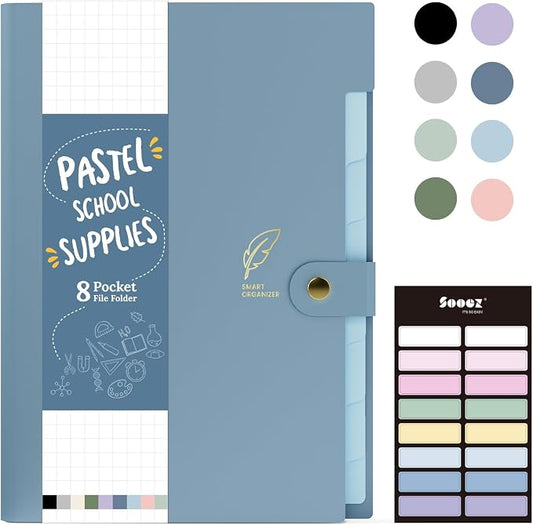 Sooez Aesthetic 8 Pocket Accordion File Organizer, Pastels Expanding File Folder for Important Document with Labels, Portable Receipt Bill Organizer for Office School Supplies, Letter Size Haze Blue