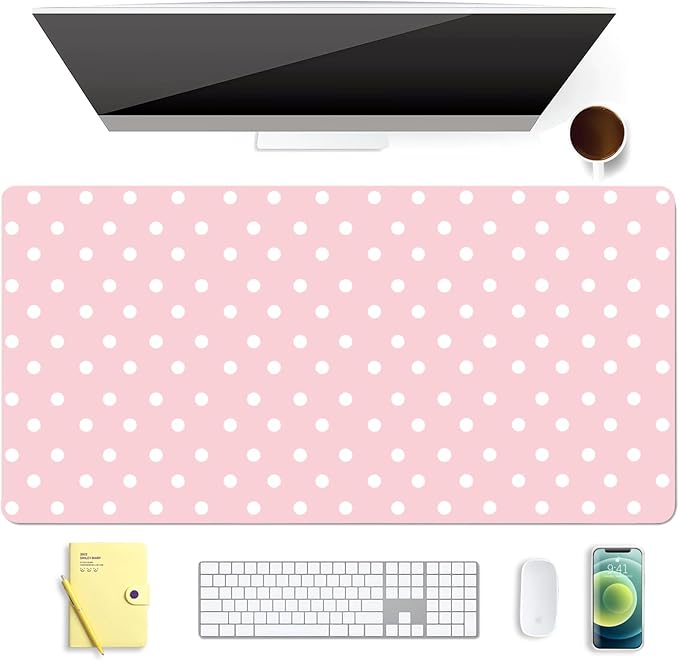 White Polka Dot Leather Desk Mat Extended Gaming Mouse Pad | Non-slip Large Writing Pad Laptop Blotter Computer Keyboard Mat | Cute Pink Desk Protector for Home Office 23.6" x 11.8"