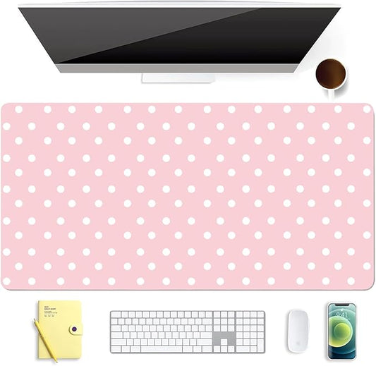 White Polka Dot Leather Desk Mat Extended Gaming Mouse Pad | Non-slip Large Writing Pad Laptop Blotter Computer Keyboard Mat | Cute Pink Desk Protector for Home Office 27.6" x 13.8"