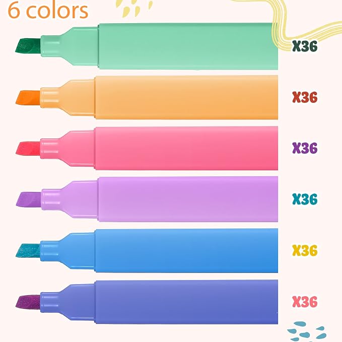 Marspark 216 Pcs Highlighters Bulk Chisel Tip Aesthetic No Bleed Cute Color Marker Pens for Journal Planner Notes School Study Office Supplies(Candy Colors)