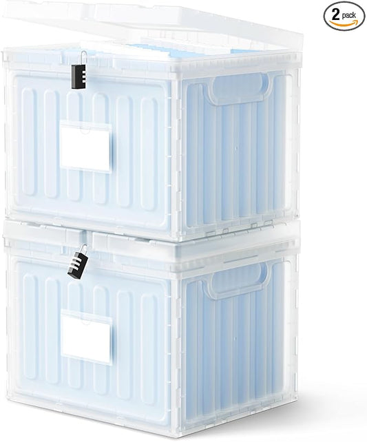Oterri Lockable Plastic File Box with Lid for Letter-Size | Hanging File Folders Not Included. Clear, Large 2-Pack. Home, Office, Classroom, Dorm, Tax, Under Bed, Filing Cabinet.