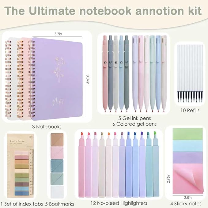 Tuhangcc 47PCS Aesthetic School Supplies, Cute Stationary Set Unique Color A5 Spiral Notebooks Highlighters, Sticky Notes & Bookmark Sticky Index Tabs 5 Gel Pen for Work Office Supplies (Purple)