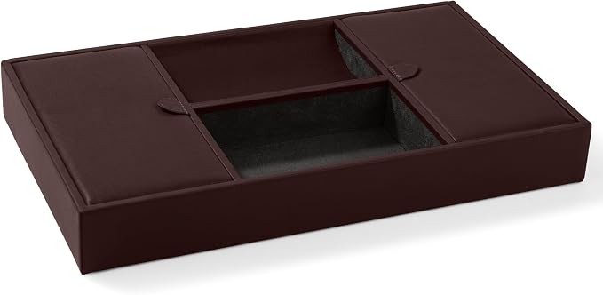 Leatherology Brown Deluxe Valet Tray – Jewelry & Watch Organizer with Covered and Open Compartments, Microsuede Lining – Elegant Catchall for Bedroom, Closet or Bathroom