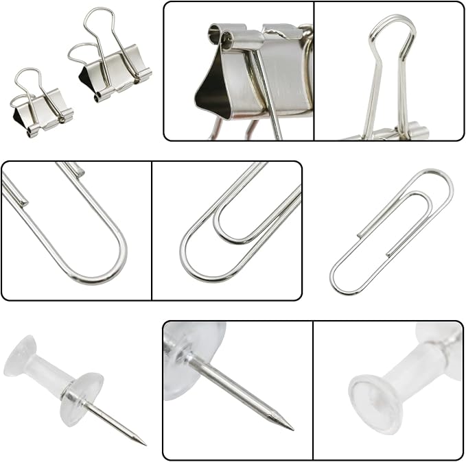 Office Supplies Set, Paper Clips, Push Pins and Binder Clips Set with Box for Office, School and Home(Silver)