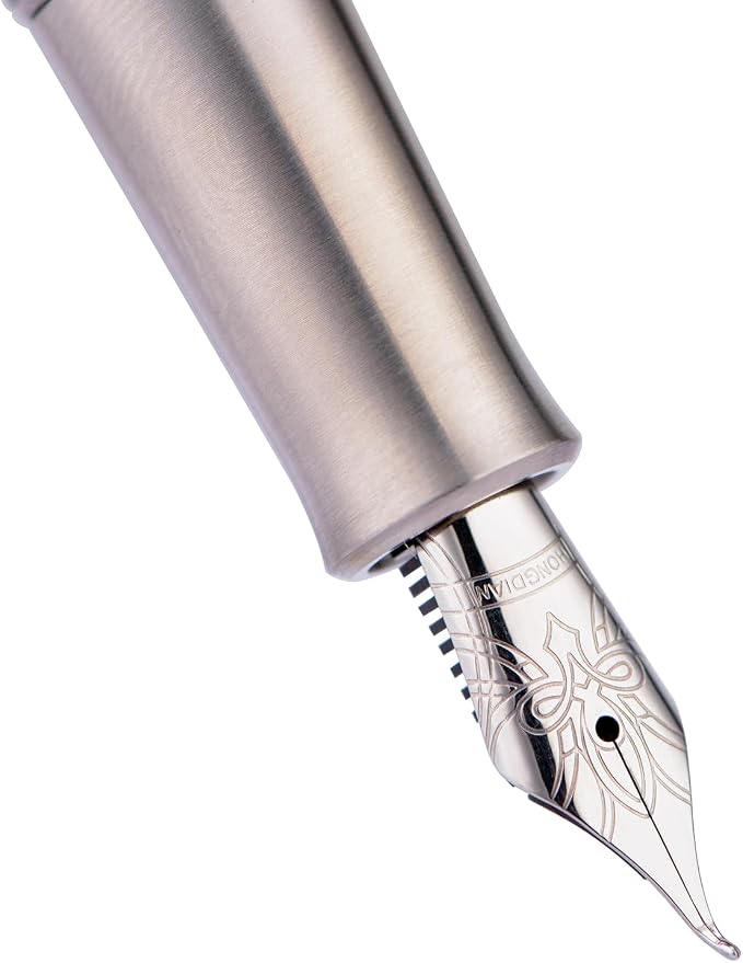 HONG DIAN M2 Titanium Mini Fountain Pen, Bent Nib & Sleek Shape Metal Short Pocket Travel Pen (Titanium Gray)